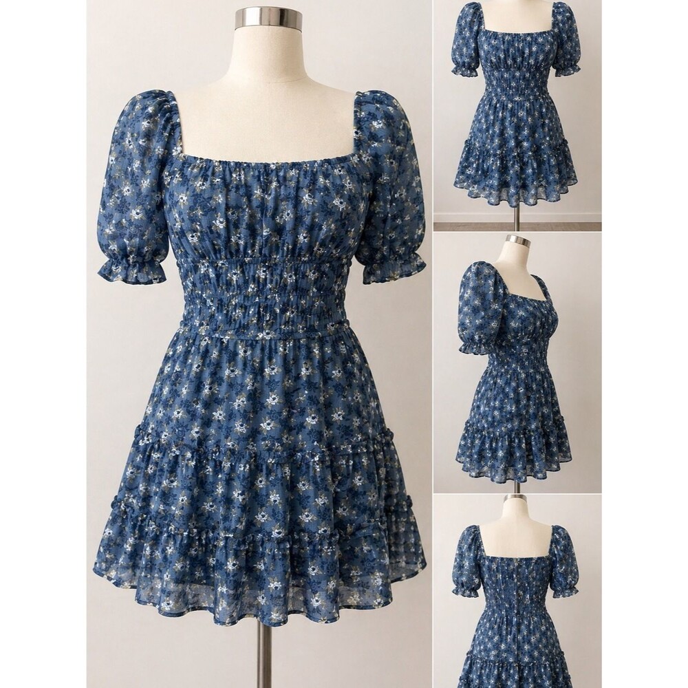 Alter’d State Blue Floral Puff Sleeve Dress Smocked Cottagecore S